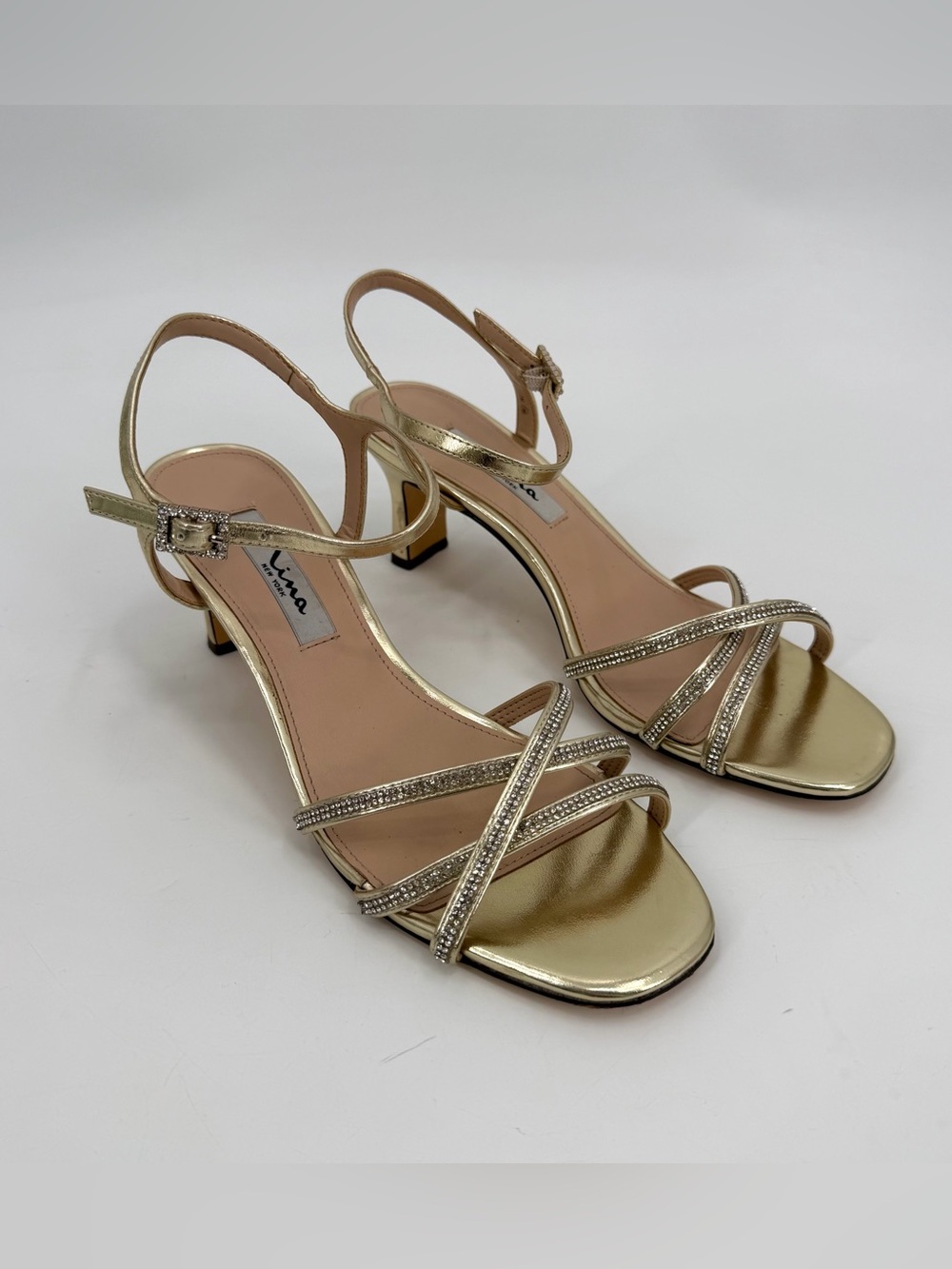 Nina Strappy Sandals Dressy Heels Women’s 7.5 M Gold Criss Cross Rhinestone - Picture 2 of 11